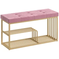 HOMCOM Bench and Shoe Storage, Tufted Shoe Storage Bench with Velvet Seat Cushion Gold Steel Frame for Entryway, Pink(m-1)