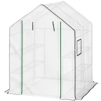 Outsunny Invernadero de Exterior con 6 Estantes Puerta Enrollable Cubierta de PE y Marco de Acero 140x143x190 cm Blanco(m-11)