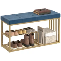 HOMCOM Bench and Shoe Storage, Tufted Shoe Storage Bench with Velvet Seat Cushion Gold Steel Frame for Entryway, Dark Blue(m-10)