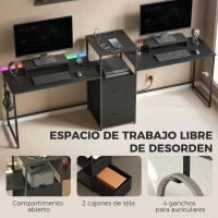 HOMCOM Mesa Gaming Doble de 244 cm con Estación de Carga Puertos USB Soportes para Monitor Cajones de Tela Negro(m-7)