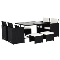Outsunny 9 Pieces PE Rattan Cube Garden Furniture Set with Cushions, Outdoor Dining Table Set with 4 Armchair, 4 Stool, and Square Glass Top Table, Black(m-10)