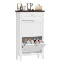HOMCOM Shoe Cabinet with 2 Flip Drawers, Farmhouse Narrow Shoe Storage Cabinet with Adjustable Shelves, White(m-10)
