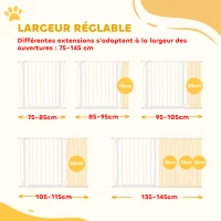 PawHut Barrière de sécurité chien barrière extensible 75-145 x 76 cm barrière escaliers couloirs portes sans perçage en acier et ABS blanc(m-4)