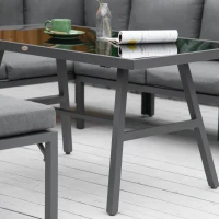 Outsunny 4 Piece L-shaped Garden Furniture Set 8-Seater Aluminium Outdoor Dining Set Conversation Sofa Set w/ Bench, Dining Table & Cushions, Grey(m-10)