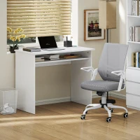 HOMCOM Home Office Furniture Set, Modern Computer Desk with Storage Shelf and Ergonomic Mesh Chair with Flip-Up Arms, Lumbar Support, Adjustable Height, Swivel Wheels, White and Grey(m-2)