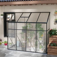 Outsunny Serre adossée, serre de jardin polycarbonate, avec porte coulissante, évent de toit, fondation, 127 x 253 x 240 cm noir(m-10)