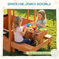 AIYAPLAY Căsuță de Grădină pentru Copii din Lemn de Molid, Căsuță pentru Exterior cu Masă, Bănci, Chiuvetă, Ușă pe Jumătate, Suport Ghivece, Fereastră Snack Bar, 3-8 Ani, 166x113x140 cm, Maro Deschis(m-5)