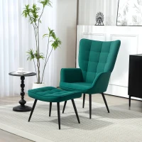 HOMCOM Fauteuil relax avec repose-pieds assorti style scandinave piètement métal noir revêtement aspect velours - Vert(m-10)