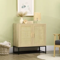 HOMCOM Buffet bas style bohème avec placard 2 portes rotin tissé étagère ajustable en hauteur 80 x 40 x 80 cm naturel(m-10)