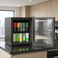 HOMCOM Frigider 46L, 59 Cutii, Ușă din Sticlă, Raft Temperat, LED, Touchscreen, pentru Bucătărie Birou Dormitor Bar, Negru(m-9)