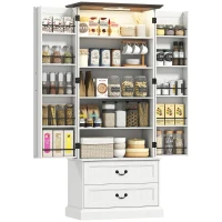 HOMCOM Buffet haut cuisine, armoire de cuisine, LED à capteur, 2 portes, tiroirs et étagères réglables, 76x39,5x183cm, blanc(m-11)