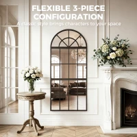 HOMCOM Large Arched Wall Mirror with Metal Grid, 3-Piece Split Window Mirrors, 120 x 54 cm, Black(m-5)