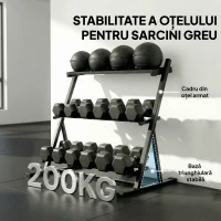 SPORTNOW Suport pentru Greutăți de Sală Acasă cu 3 Niveluri, Raft Reglabil din Oțel, Suport pentru Ganterele și Kettlebell-uri, Economisitor de Spațiu pentru Sală de Acasă, Capacitate 200 Kg, Negru(m-6)