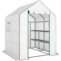 Outsunny Estufa de Jardim Pequena de 3 Níveis com 6 Prateleiras Porta Enrolável e Capa de PE 140x143x190 cm Branco(m-1)