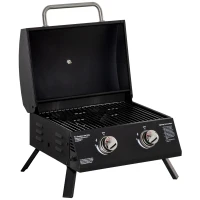 Outsunny Barbecue gaz de Table transportable Pieds Pliables - 2 brûleurs 5 KW - Barbecue gaz de Camping - Grille de Cuisson, réceptacle Graisse, thermomètre - Acier de Qualité Alimentaire Noir(m-1)