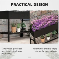 Outsunny Raised Garden Planter on Legs dim. 109L x 39l x 80H cm Shelf 2 Wheels + Irrigation Insert Metal Black(m-5)