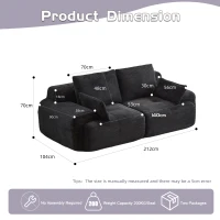 Modernes Memory-Schaum-Sofa, 2-Sitzer, große Sofagarnitur für das Wohnzimmer, haustierfreundliches, modulares Sofa, Cordstoff, extra tiefes Sofa, kein Zusammenbau erforderlich, Schwarz(m-3)