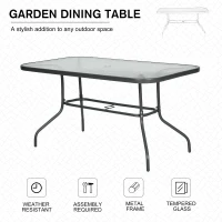 Outsunny Garden Dining Table Glass Top Metal Frame with Parasol Hole Outdoor Balcony Grey 140L x 80Wcm(m-7)