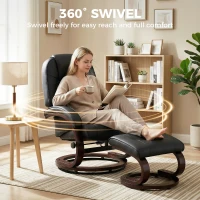 HOMCOM Swivel Recliner Chair with Footstool, PU Leather Recliner Armchair with Adjustable Back and Wood Frame, Black(m-5)