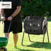 Outsunny Garden Composter - Compost Bin for Waste - 360° Rotating - Double Chamber 160 L - Black, PP & Epoxy Steel(m-2)