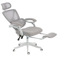 HOMCOM Silla de Escritorio de Malla Reclinable con Reposacabezas Soporte Lumbar Reposapiés y Altura Regulable Gris Claro(m-12)