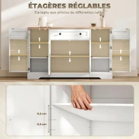 HOMCOM Buffet cuisine, meuble de rangement avec tiroir, 4 portes, étagères réglables et 6 racks de porte, 138x40x83,5cm, blanc(m-6)