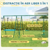 AIYAPLAY Cadru 5-în-1 pentru leagăn cu leagăn-tip-cuib reglabil, inele de gimnastică, scaun dublu, cadru de cățărare pentru 3-8 ani 440x175x203 cm(m-3)