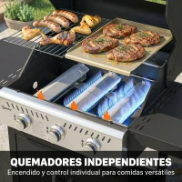 Outsunny Barbacoa de Gas con 3 Quemadores 7,5 kW Termómetro Parrilla Plancha Mesas Laterales Armario Ruedas 125x57x110 cm Negro(m-5)