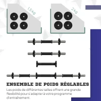 SPORTNOW Haltères 2 en 1 réglables, haltères libres avec poignées antidérapantes, 15 kg - barres incluses noir et vert(m-5)
