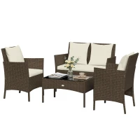 Outsunny Conjunto de Jardín Exterior de Ratán 4 Piezas Incluye Sofá de 2 Plazas 2 Sillas Mesa de Vidrio Cojines Lavables Marrón(m-11)