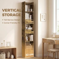 HOMCOM Bookcase Tall Narrow with 5 Tiers and Drawers Freestanding Bookshelf Storage Cabinet for Living Room Rustic Brown(m-4)