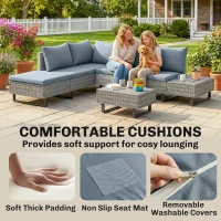 Outsunny 5 Seater Rattan Garden Furniture Set, L Shaped Garden Corner Sofa, Adjustable Back, Faux Wood Tables, Grey(m-8)