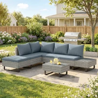 Outsunny 5 Seater Rattan Garden Furniture Set, L Shaped Garden Corner Sofa, Adjustable Back, Faux Wood Tables, Grey(m-2)