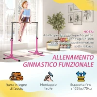 HOMCOM Barra da Ginnastica Artistica per Bambini 3+ Anni con Altezza Regolabile 92-150 cm, in Acciaio e Legno Massello di Faggio, Sbarra Orizzontali Danza Attrezzatura Palestra Antiscivolo, Rosa(m-5)