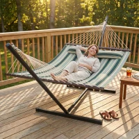 Outsunny Outdoor Hammock with Stand Detachable Pillow Striped Swing Steel Frame, for Garden, Patio, Green(m-2)
