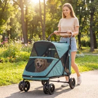 PawHut Carrinho para Cães Dobrável com um Botão até 30 kg com Suspensão nas 4 Rodas Giratório e Travão de Pé Turquesa(m-10)