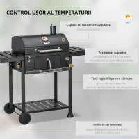 Outsunny Grătar cu Tavă de Cărbune Reglabilă, Grilaj de Grătar din Oțel Galvanizat cu Rafturi de Depozitare, 120x64x114 cm, Negru(m-7)