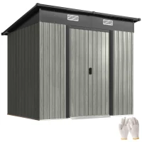 Outsunny 7 x 4ft Outdoor Storage Shed with Foundation Kit, Lean to Metal Garden Shed for Log, Rubbish Bin, Tool, Bike, Light Grey(m-10)