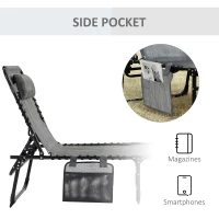 Outsunny Portable Sun Lounger, Folding Camping Bed Cot, Reclining Lounge Chair 5-position Adjustable Backrest with Side Pocket, Pillow for Patio Garden Beach Pool, Mixed Grey(m-7)