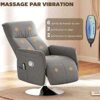 HOMCOM Fauteuil relax massant fauteuil de relaxation inclinable pivotant dossier et repose-pieds réglable 68,5x77x117cm gris(m-4)