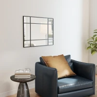 HOMCOM Miroir mural verrière rectangulaire style fenêtre, horizontal ou vertical avec 4 crochets, en métal noir - 90x60 cm(m-9)