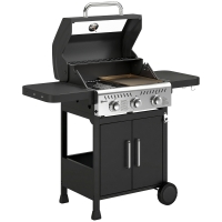 Outsunny Barbacoa de Gas con 3 Quemadores 7,5 kW Termómetro Parrilla Plancha Mesas Laterales Armario Ruedas 125x57x110 cm Negro