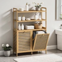 HOMCOM Meuble de salle de bain avec panier à linge en bambou avec 2 paniers amovibles et étagères à 3 niveaux, chêne(m-2)