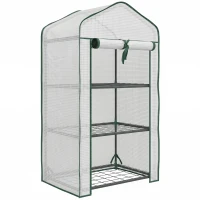 Outsunny Mini seră de grădină cu acoperire din PE, 3 rafturi și ușă rulabilă, 59x39x127cm, Alb(m-1)