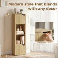 HOMCOM Narrow Bookcase, 4-Tier Bookshelf, Storage Cabinet with doors for Living Room, Bedroom, Oak(m-5)