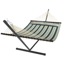 Outsunny Outdoor Hammock with Stand Detachable Pillow Striped Swing Steel Frame, for Garden, Patio, Green(m-1)