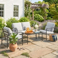 Outsunny 4-teiliges Gartenlounge-Set aus Stahl mit Zweisitzer, 2 Sesseln, Tisch, Polstern, Hellgrau(m-2)