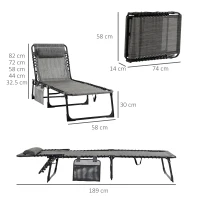 Outsunny Portable Sun Lounger, Folding Camping Bed Cot, Reclining Lounge Chair 5-position Adjustable Backrest with Side Pocket, Pillow for Patio Garden Beach Pool, Mixed Grey(m-3)