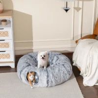 PawHut Tunnel pour Chat Intérieur avec Lit de Chat en Forme de Donut, Coussin Circulaire Lavable, 90x80x27cm, Gris Clair(m-10)