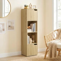 HOMCOM Narrow Bookcase, 4-Tier Bookshelf, Storage Cabinet with doors for Living Room, Bedroom, Oak(m-6)